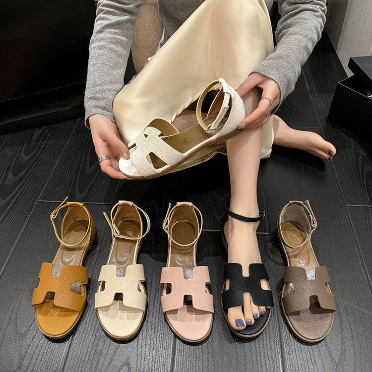 Flat Sandals for Women, H-Shaped Heel, Leaky Toe, Summer New Style, Ankle Strap, Simple, Versatile, Daily Casual and Lightweight