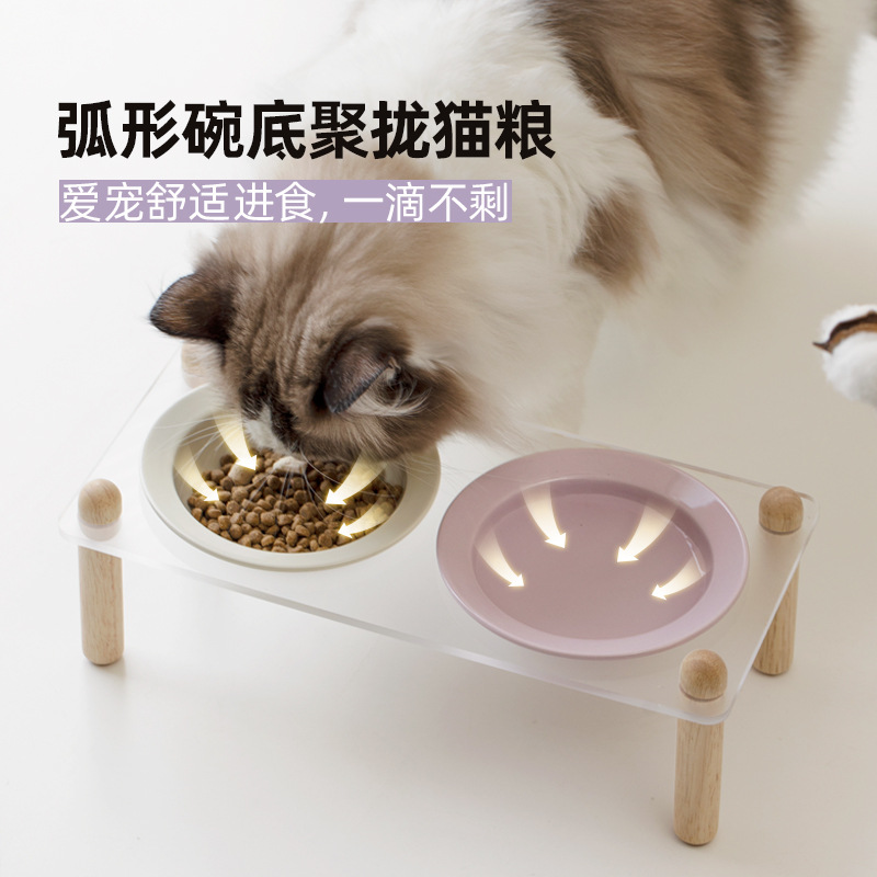 Cuenco de cerámica coreana para gatos, cuenco para mascotas, cuenco para sombreros de paja, pies altos, cuenco de comida para gatos anti-volcado, cuenco de agua para la columna cervical, cuenco doble, cuenco para perros