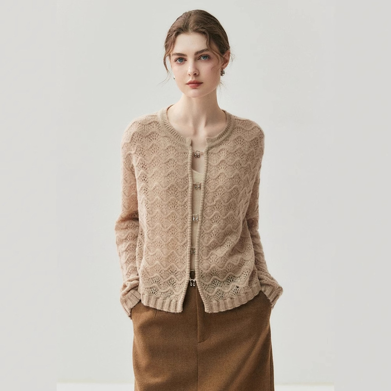 Cashmere Thickened Hollow Cardigan Women's Autumn and Winter New Round Neck Soft Fashion Long Sleeve Knitted Sweater Jacket