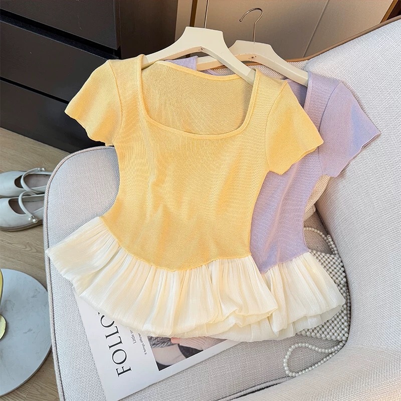 Ruffled Color-Blocked Short-Sleeved Square-Neck Sweater Summer New Slimming Slim Short Pullover Top for Women