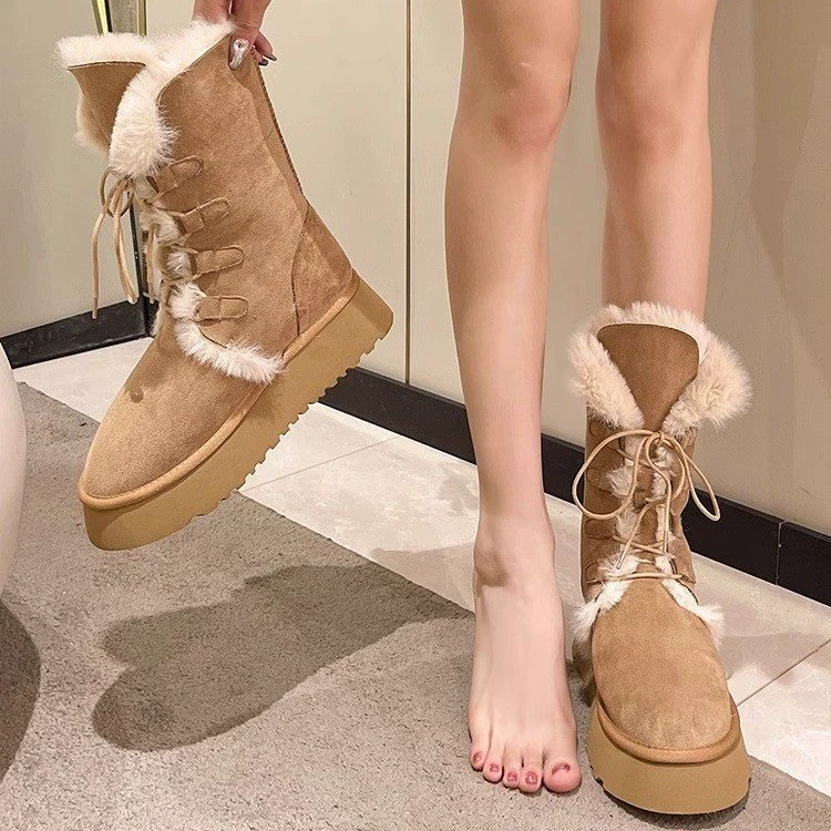 Winter fleece boots platform, keep warm shoes, mid-length