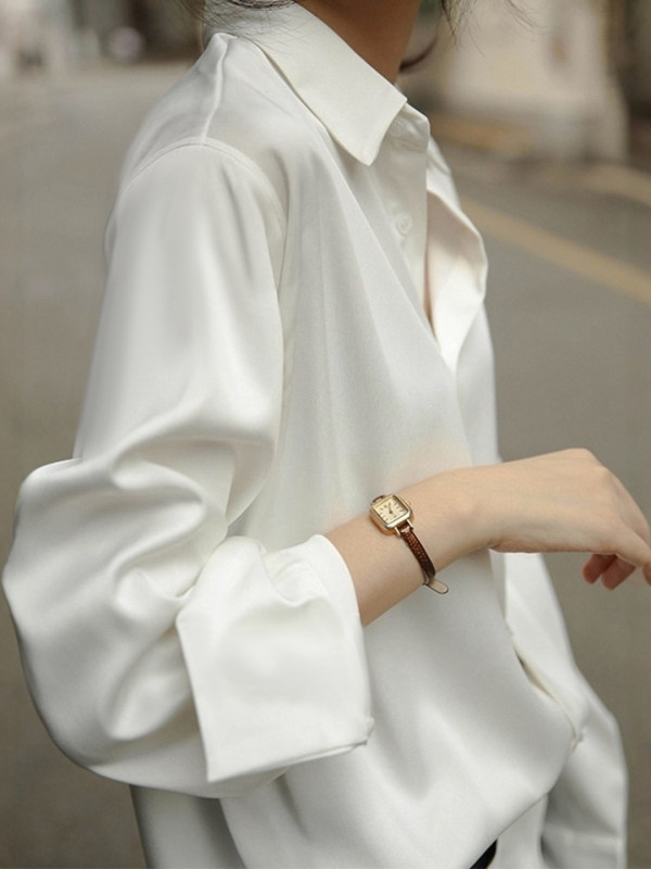 Draped Satin Chiffon White-Collar Long-Sleeve Shirt for Women, Spring and Autumn Commuter Style, High-End Feel, Structured Lapel Shirt Top