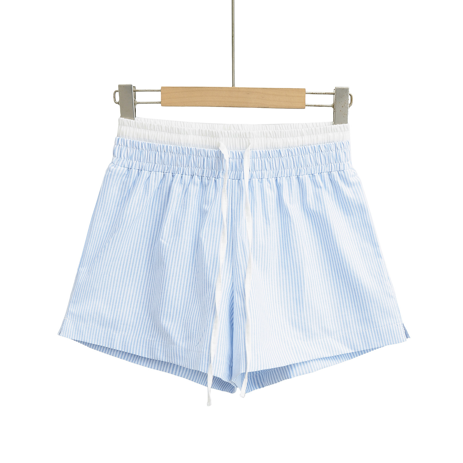 6028-24 Winter New European and American Style Blue and White Vertical Stripe Drawstring Double Waist Loosen High Waist Casual Shorts