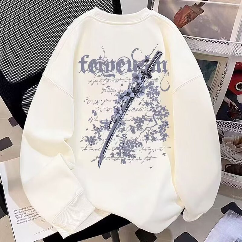 2026 New American High Street Style Cherry Blossom Print Crew Neck Sweatshirt for Men, Spring and Autumn Couple's Outfit, Loose and Versatile Trendy Jacket