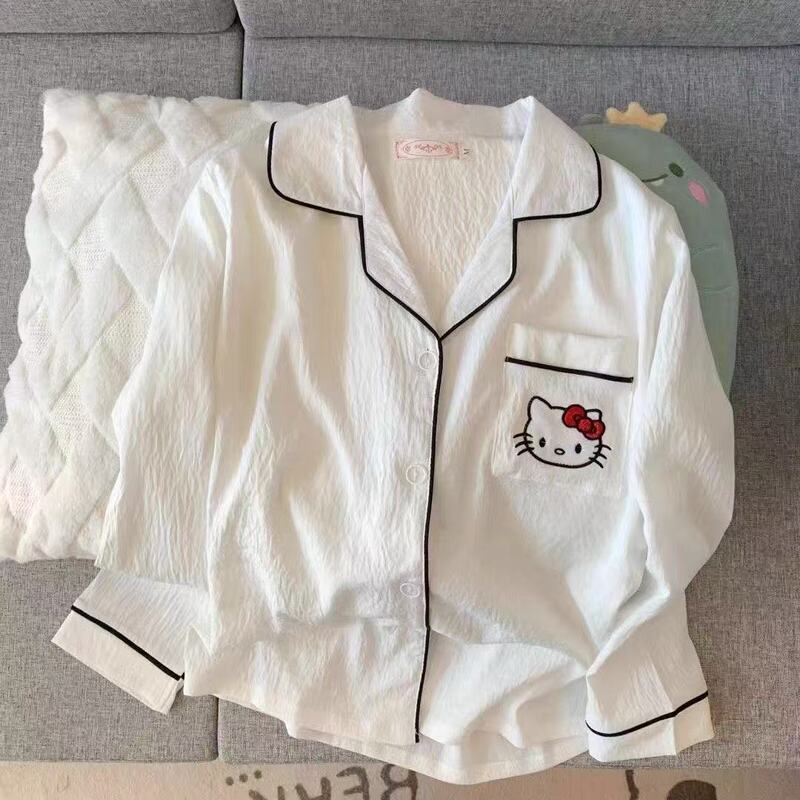Hellokitty Cloud Cotton Pajamas for Women, Long-Sleeved and Long-Pants, Thin Style for Spring and Autumn, Sweet Cartoon Girl Home Wear Hellokitty Cloud Cotton Pajamas for Women, Long-Sleeved and Long-Pants, Thin Style for Spring and Autumn, Sweet Cartoon Girl Home Wear