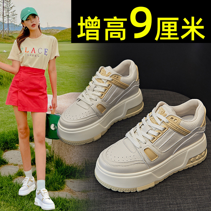Leather Thick-Soled Women's Shoes, Height-Increasing Shoes, Women's Spring New Casual Versatile Platform White Shoes, Mesh Shoes 2025 Not Tiring Feet