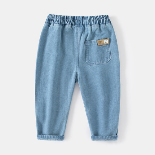 Mid-waist blue spliced ​​pocket boys' denim trousers Spring casual outdoor soft cotton denim trousers