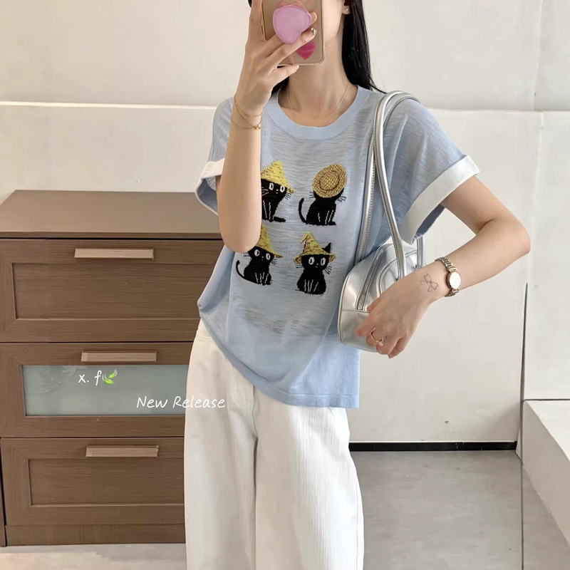 Knitted Sweater with Pet Pattern Jacquard, Round Neck, Thin Style, Ultra-Fine Skin-Friendly Linen, Summer, Women'S, Loose Fit, Slimming, Fashionable Knitted Sweater with Pet Pattern Jacquard, Round Neck, Thin Style, Ultra-Fine Skin-Friendly Linen, Summer, Women'S, Loose Fit, Slimming, Fashionable