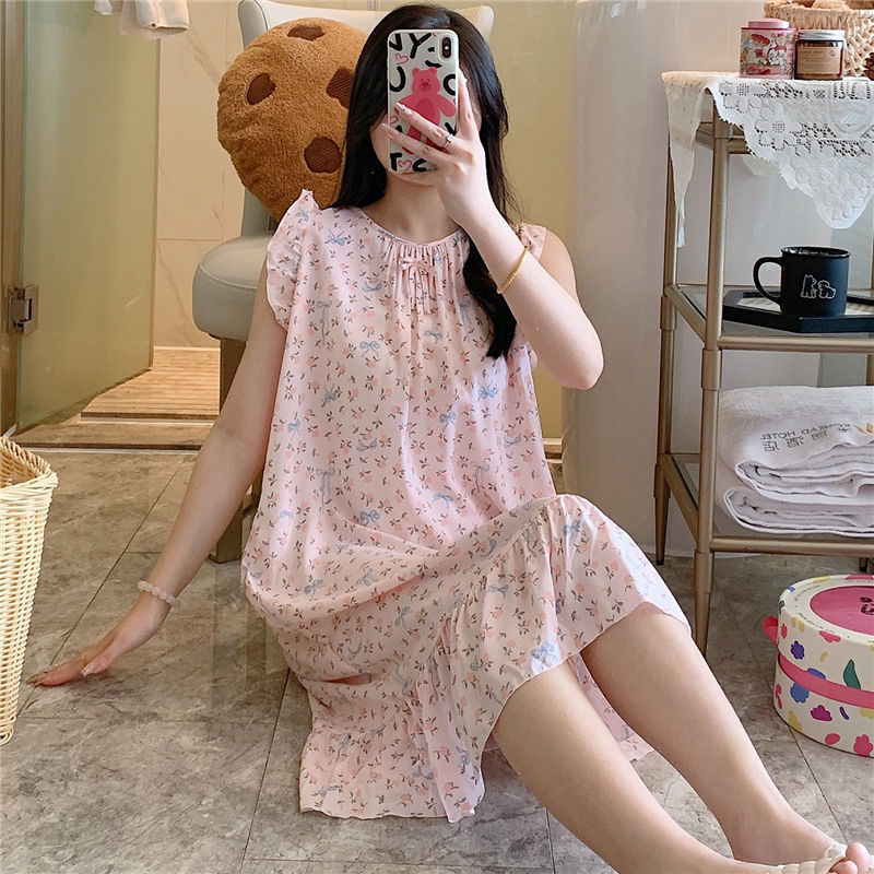 2025新款人造棉睡裙女夏季薄款绵绸印花孕妇可外穿长裙家居服|undefined
