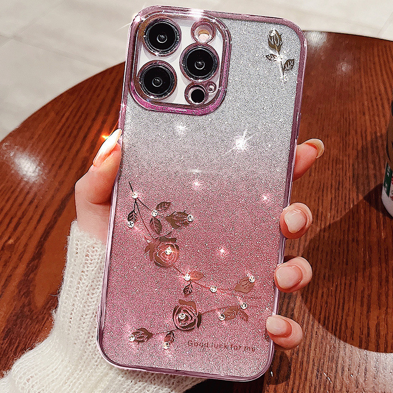 Aplicable a iPhone17Pro caso de teléfono móvil gradiente polvo de brillo de diamante de manzana 16 galvanizado inmortalidad flor de caída funda suave