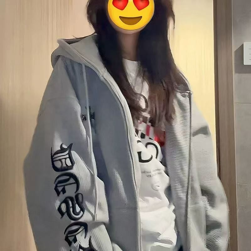 2025新款爆款华夫格灰色连帽卫衣女春秋宽松高级感情侣装开衫外套|undefined
