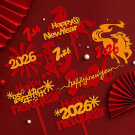 轩然版权2026马年新年快乐蛋糕装饰元旦暴富跨年快乐亚克力插件