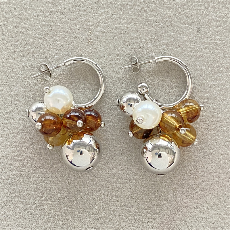Plating, Inlay Design Brass Plating Inlay Flower Artificial Pearls Drop Earrings