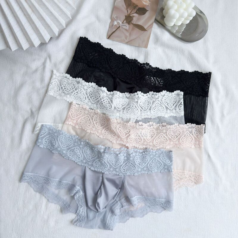 Men's Lace Boxer Briefs, Lightweight, Breathable, Comfortable, Mid-Low Waist, Ice Silk, Fashionable, Trendy, Sexy Underwear, Cross-Border