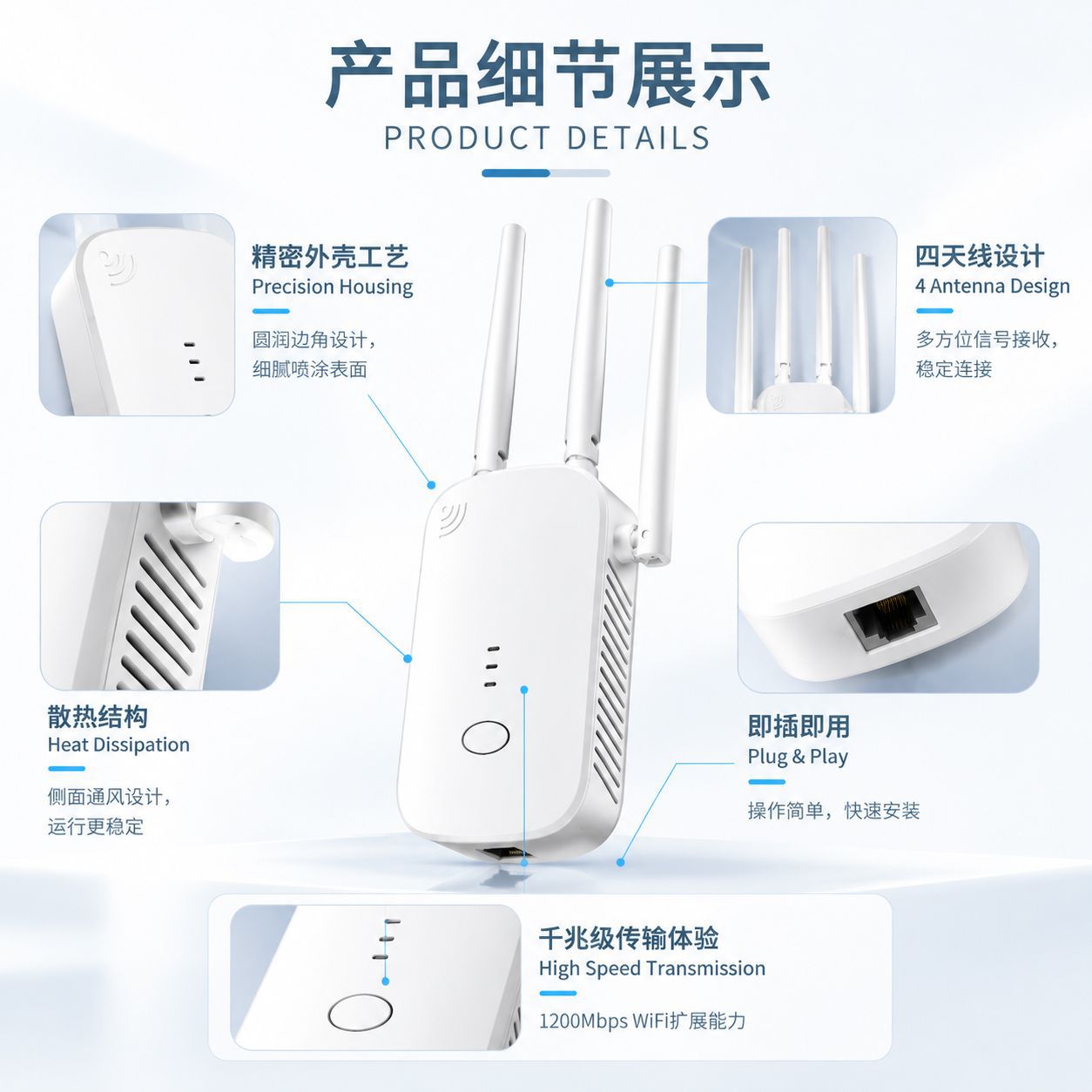 WiFi信号放大器增强扩大无线网络扩展器1200M中继器路由厂家现货