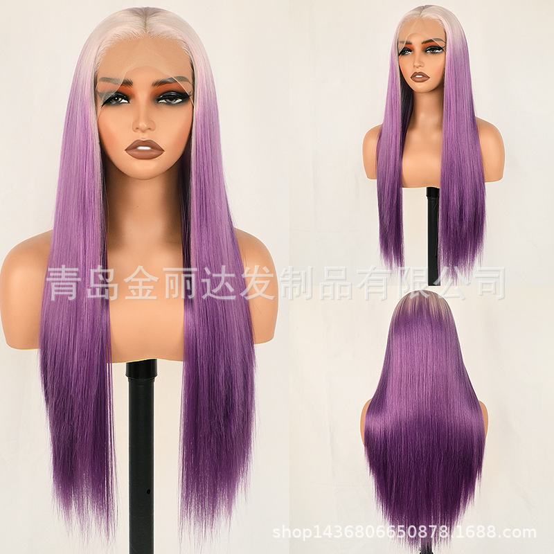 European and American Style Lace Front Wig for Women, Gradient Purple Long Straight Synthetic Hair Half-Hand Hook Lace Headpiece, Exclusively for Cross-Border Supply
