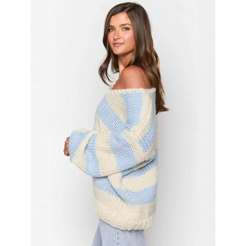 Pull ample en maille décontractée, épaules asymétriques, taille S, disponible en gros. Nombreux hauts rayés Pamine disponibles._voghion.com