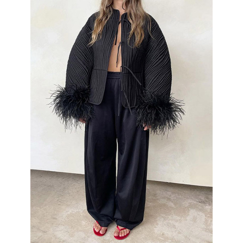 Real shot - Solid color lace-up feather jacket 2026 European and American cross-border fashion women's autumn and winter unique street jacket