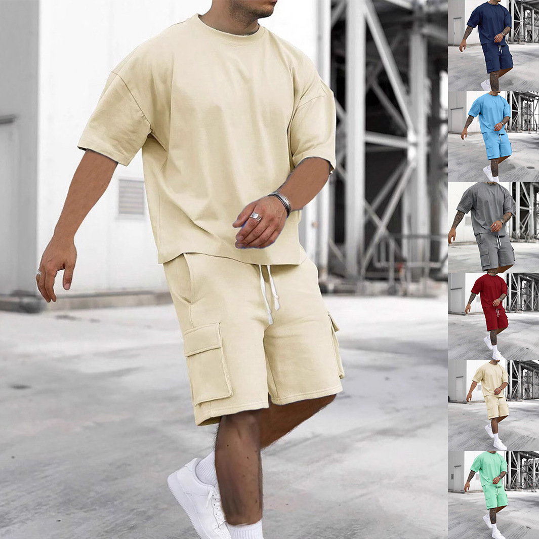 Cross-Border Summer Fashion Casual Sports Men's Suit Short-Sleeved Shorts Comfortable Quick-Drying Solid Color Suit Two Pieces