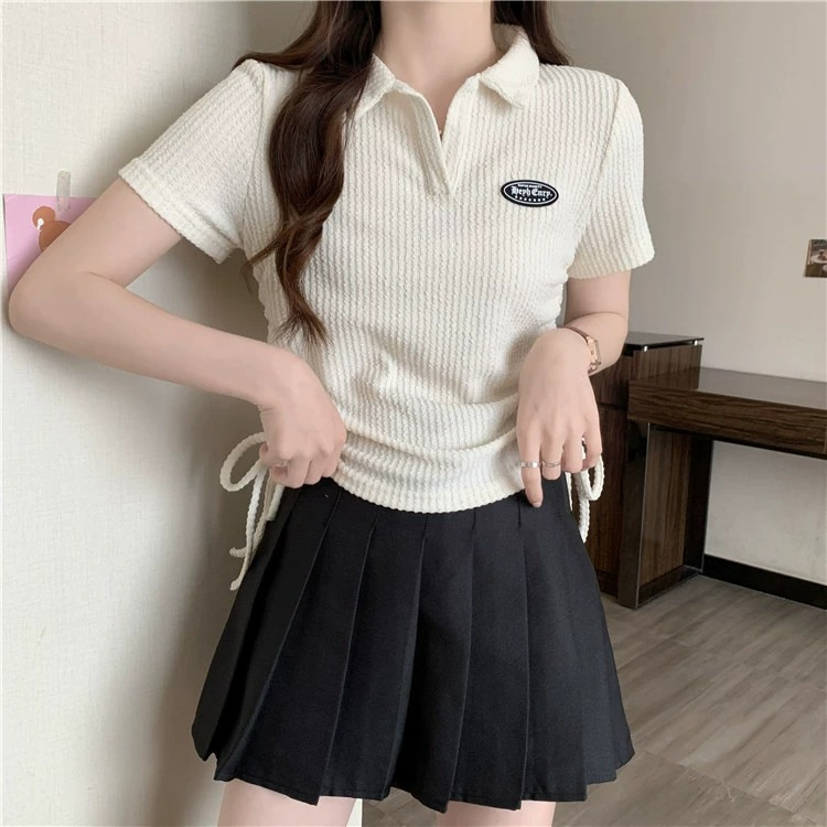 Large size American front shoulder polo neck short sleeved t-shirt for women 2024 new summer chubby mm top design_voghion.com