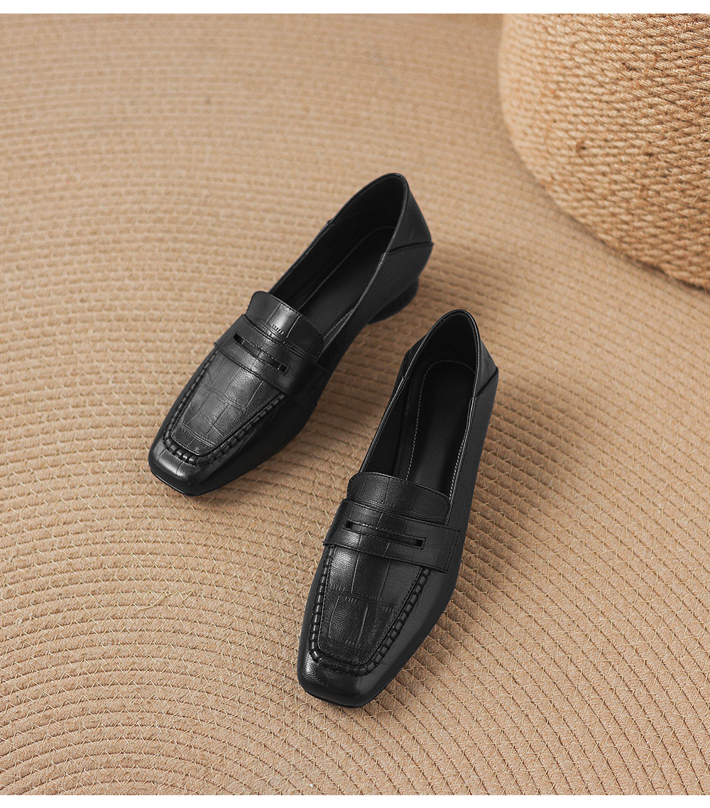 Giày loafer nữ da dê mũi vuông gót thấp cổ điển — đen chi tiết 23