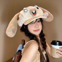 卡通可爱小兔子耳朵贝雷帽女春夏显脸小云朵画家帽大头围八角帽子