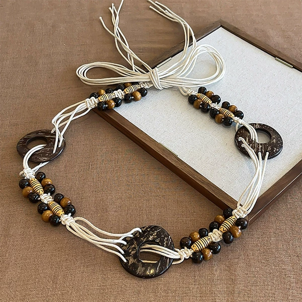 Brown coconut shell wood beads braided waist rope-170CM