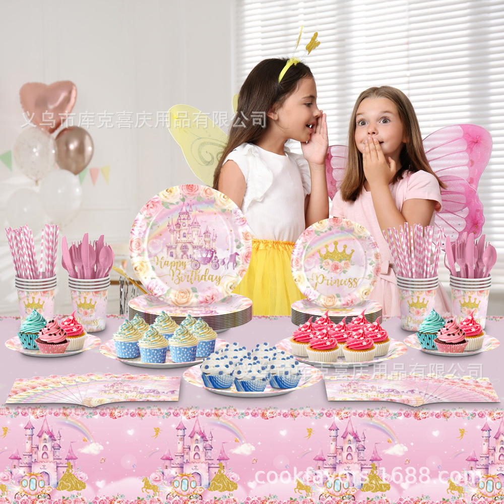 Nuevo castillo de ensueño tema de fiesta de cumpleaños artículos de decoración público bandeja de papel desechable taza de papel conjunto de decoración de toallas