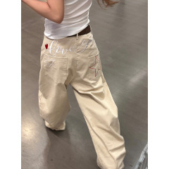 街头复古星星字母刺绣牛仔裤女美式小众设计感直筒宽松阔腿长裤子