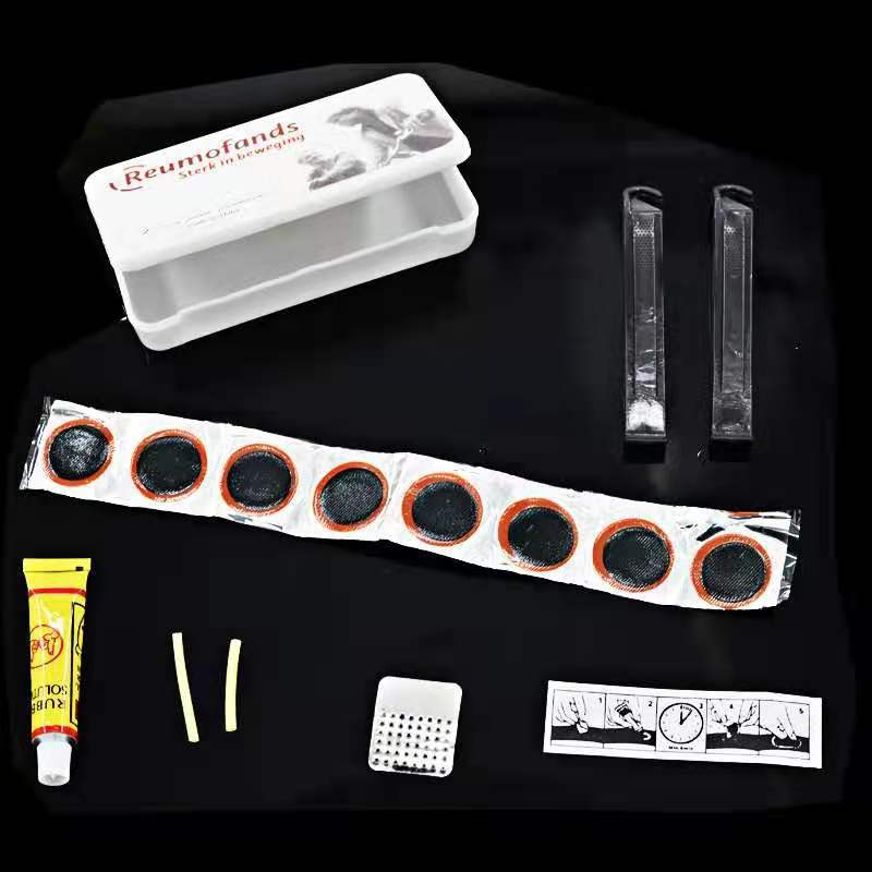 Parche de neumáticos de bicicleta pegamento herramienta de montar traje de película caja de plástico palanca herramienta de reparación de neumáticos