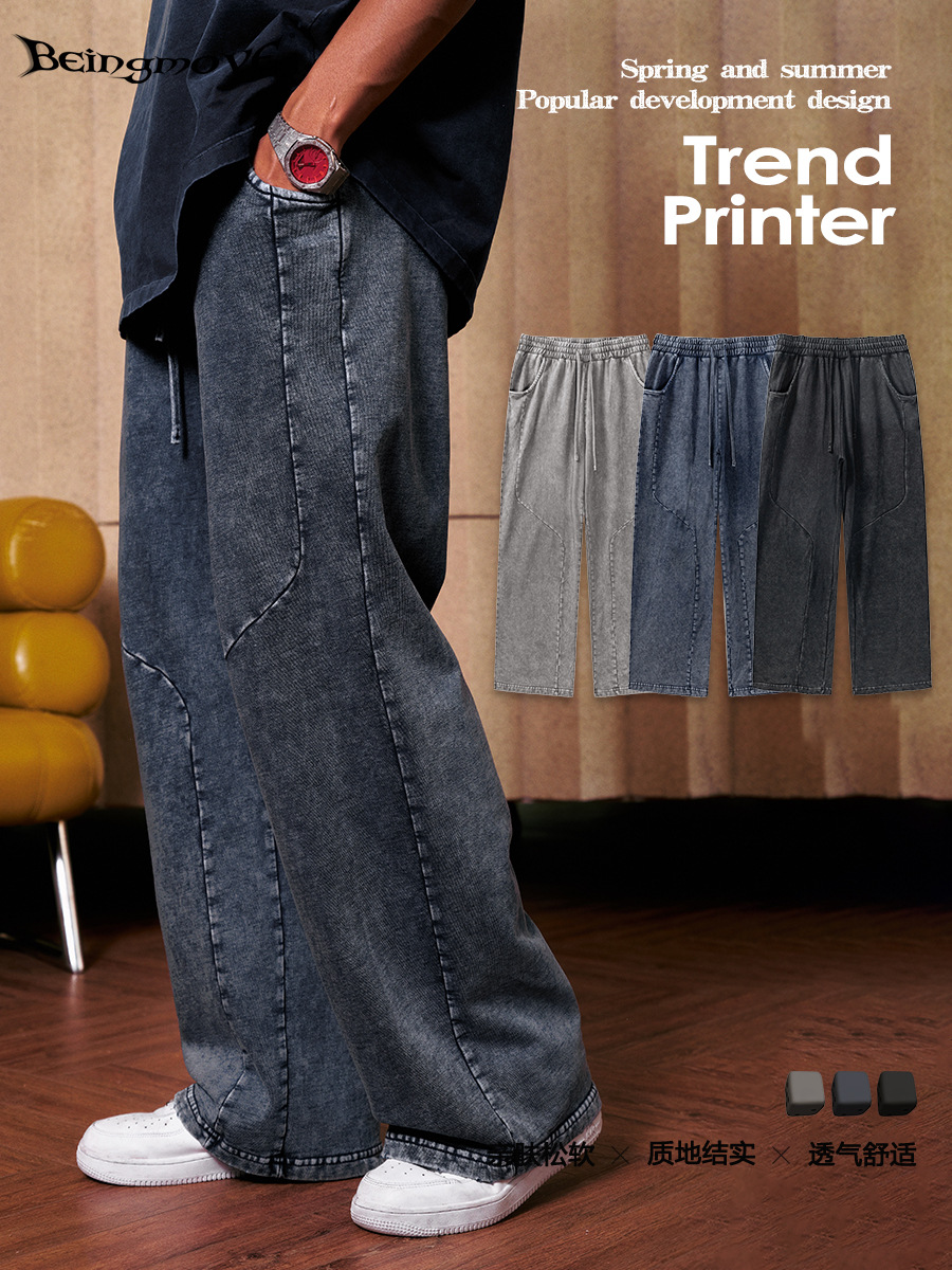 Vintage americano marca de moda juvenil deportivo pantalones de pierna de pantalon para hombres sueltos ociosos lavados con agua pantalones rectos para hombres