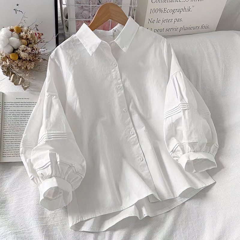 Spring and Autumn Women's Polo Collar Puff Sleeve Top Shirt Women's 2025 New Design Niche Small Top