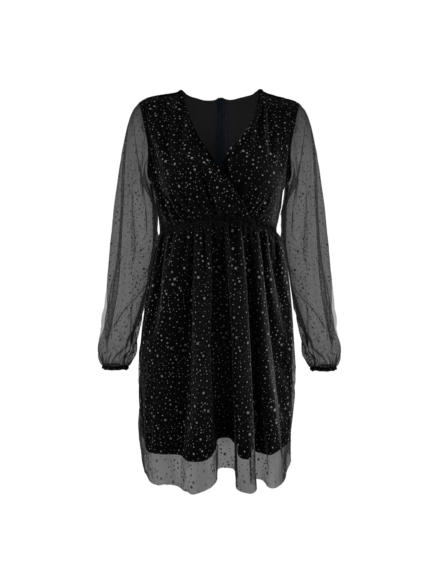 Elegant Mesh Gold Sprinkled V-neck Three-quarter Sleeve Skirt Set_voghion.com