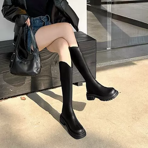 羊皮版~骑士靴女新款弹力厚底V口后拉链中高筒靴粗跟黑色长筒靴女