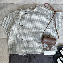 佳叶童品2024儿童格子圆领短袖衬衫男女本宝宝森系国风上衣衬衣