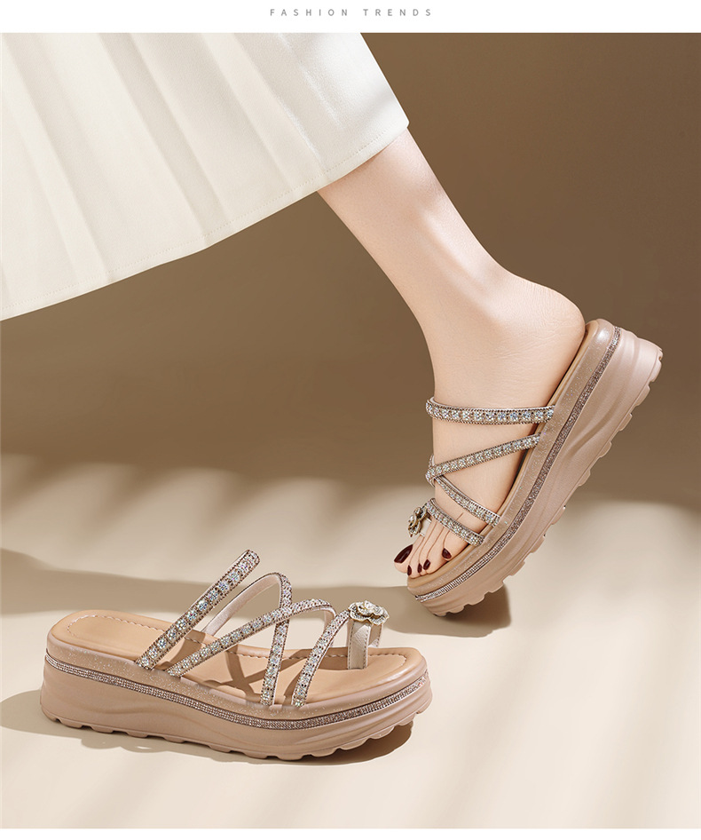 Dép sandal nữ xỏ ngón đế xuồng đính đá rhinestone phong cách Pháp La Mã — 7247 Màu đen, 7247 màu be chi tiết 14