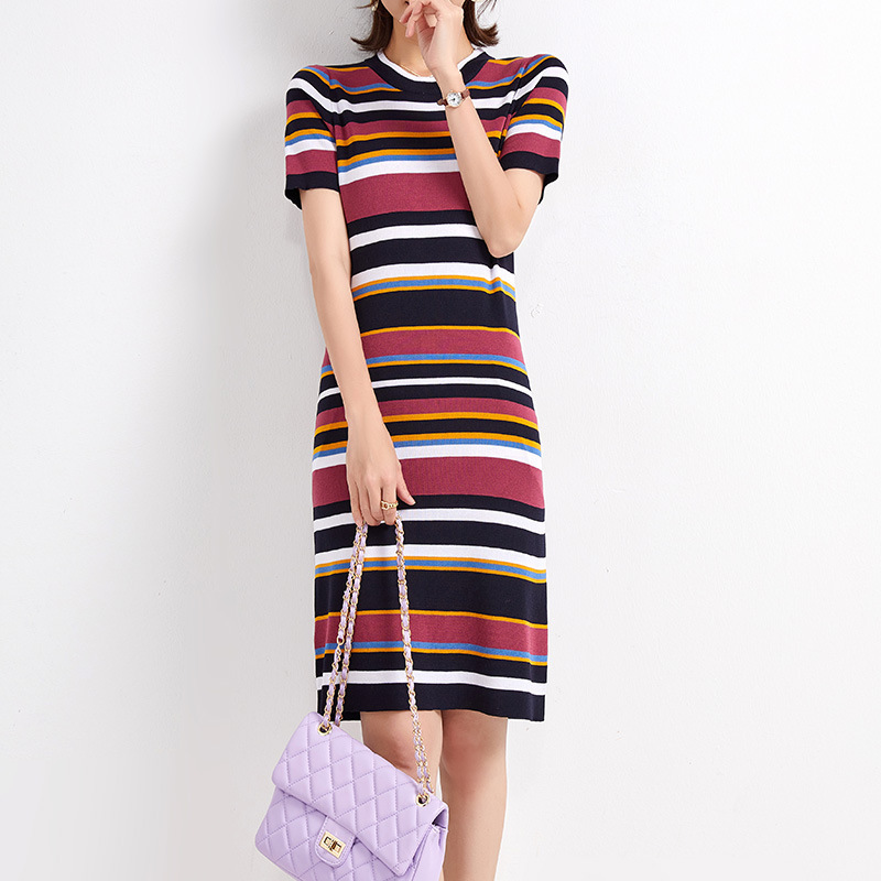 2022 summer new ice silk knitted thin age-reducing striped short sleeve A- line dress women's slimming meat-covering skirt 2022 summer new ice silk knitted thin age-reducing striped short sleeve A- line dress women's slimming meat-covering skirt