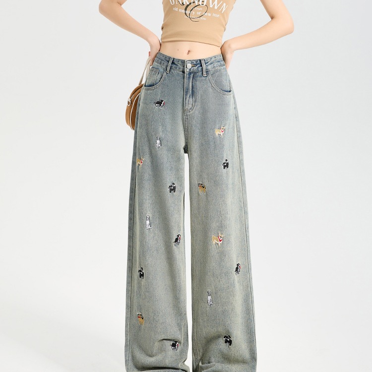American-Style Fun Dog Embroidery Jeans Washed Women's Retro Trendy Brand Loose Straight Slimming Wide-Leg Pants Trendy
