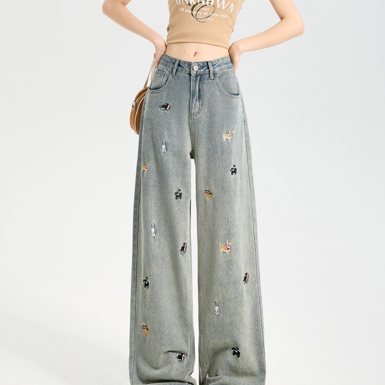 American-Style Fun Dog Embroidery Jeans Washed Women's Retro Trendy Brand Loose Straight Slimming Wide-Leg Pants Trendy