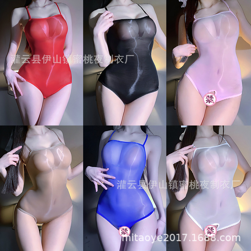 섹시한 속옷 섹시한 기름 밝은 관점 서스펜더 한 조각 세트 얇은 원활한 오픈 파일 무료 실크 슬리퍼