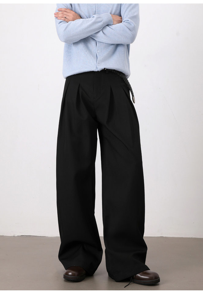 Quần tây nam casual dáng rộng ống suông xếp ly đôi chữ A vải rủ — Màu xám nhạt, màu đen chi tiết 10