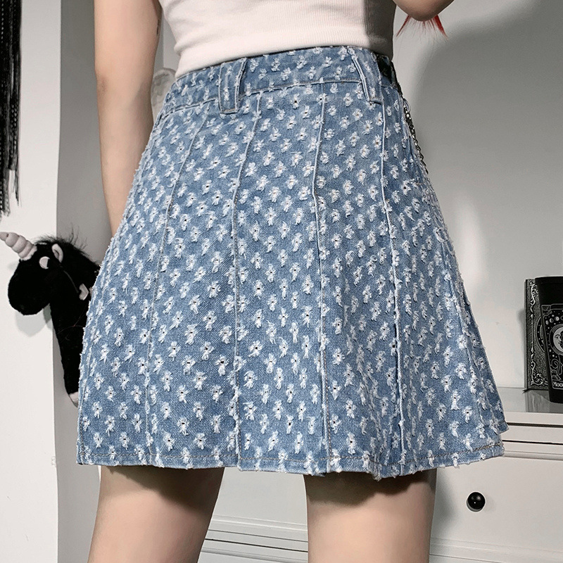 Diablo Style Jk Ripped Polka Dot Denim Pleated Skirt NSGYB98906