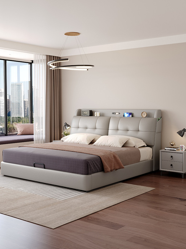 Leather Bed. Master Bedroom 1.8m Double Bed 2025 New Classy Atmospheric Solid Wood Bed 1.5m Soft Bed