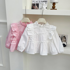 跨境2023秋季新款女童飛袖蛋糕襯衫韓版腳口須工藝牛仔褲一件代發