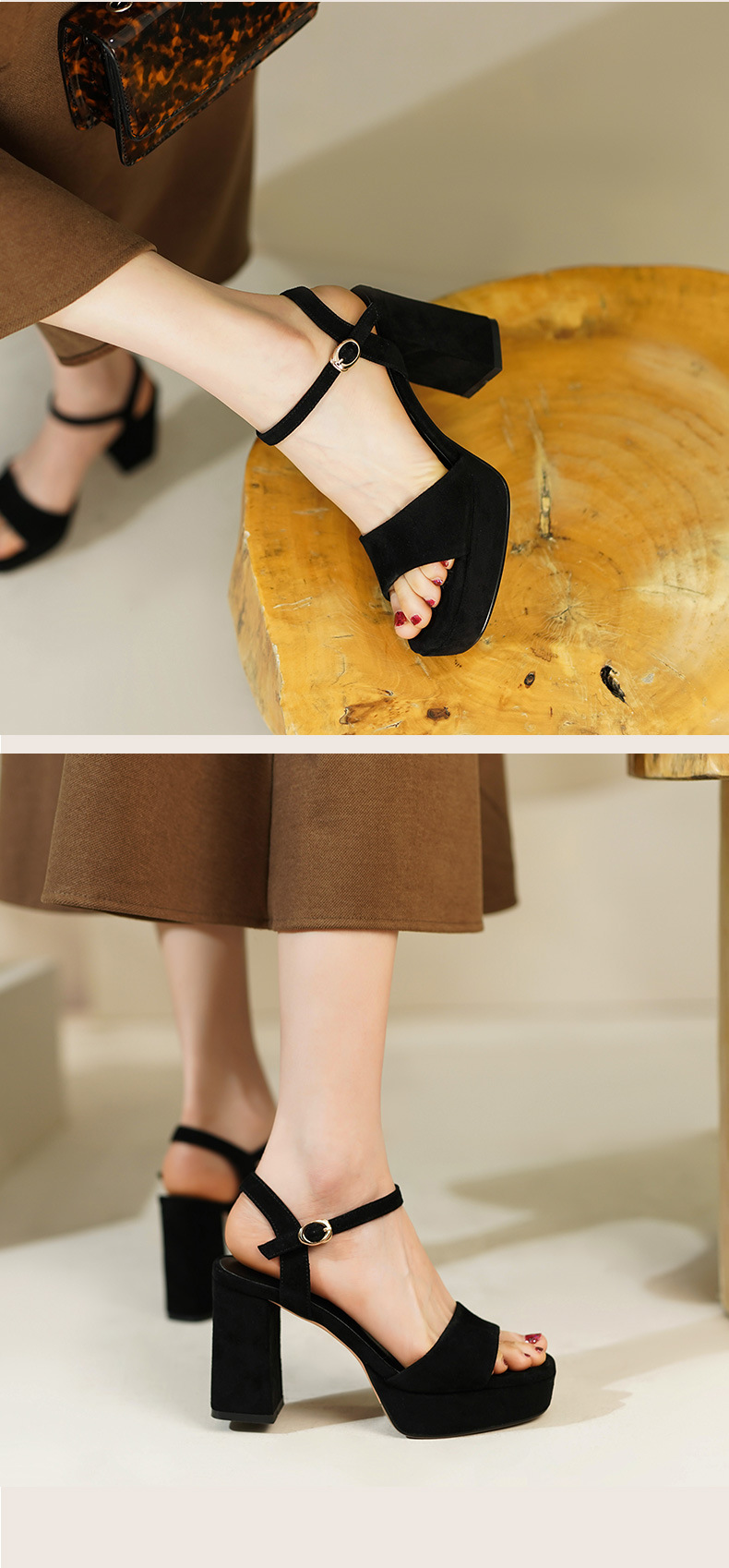 Sandal cao gót quai ngang da bò lớp đầu phong cách Âu Mỹ gót vuông 11 cm — Da lộn Cừu Đen [Chiều cao gót 10 cm] chi tiết 4