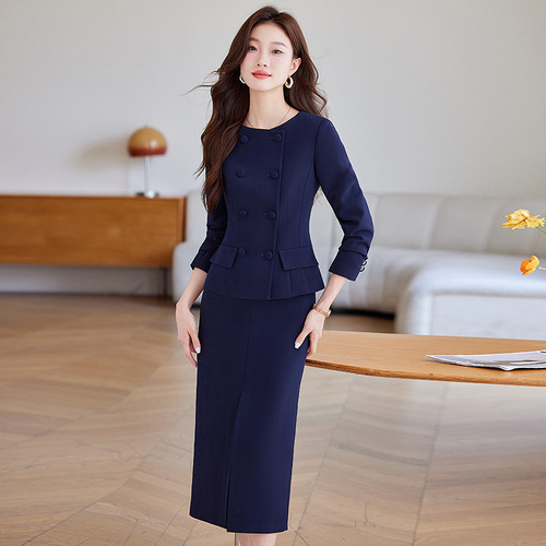 Cross-border fashion double-breasted round-neck OL suit set workwear elegant temperament long dress suit uniform