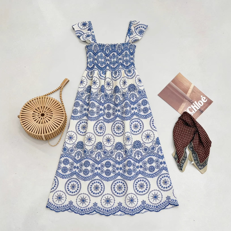 2025 Export New Suspender European and American Bohemian Waist Long Skirt Heavy Industry Embroider Seaside Vacation Long Dress