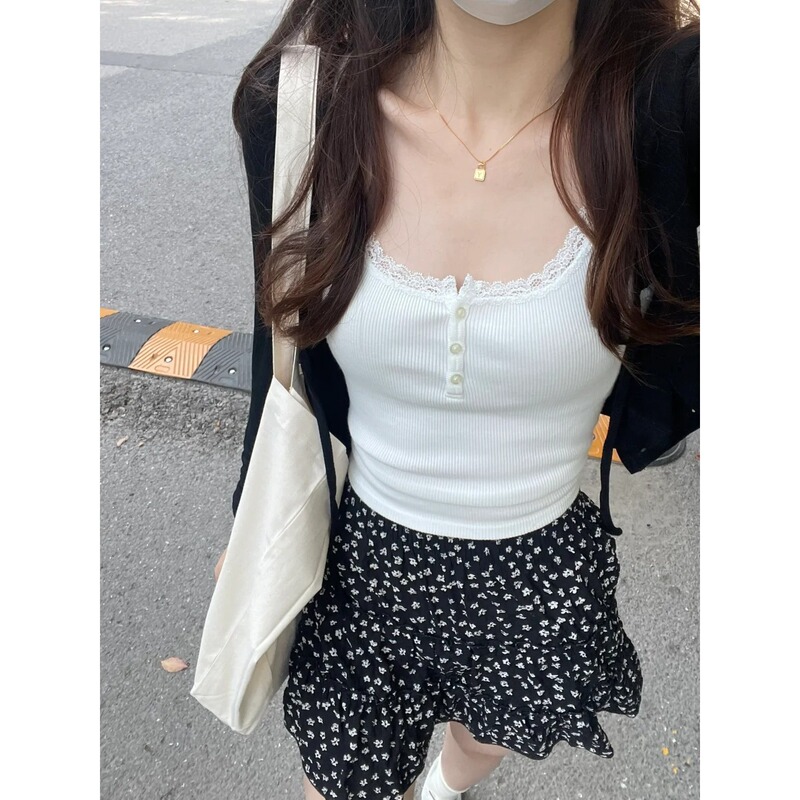 Summer Wear Three-piece Lace Camisole Women's Cardigan Jacket Floral Skirt Short Skirt Casual suit