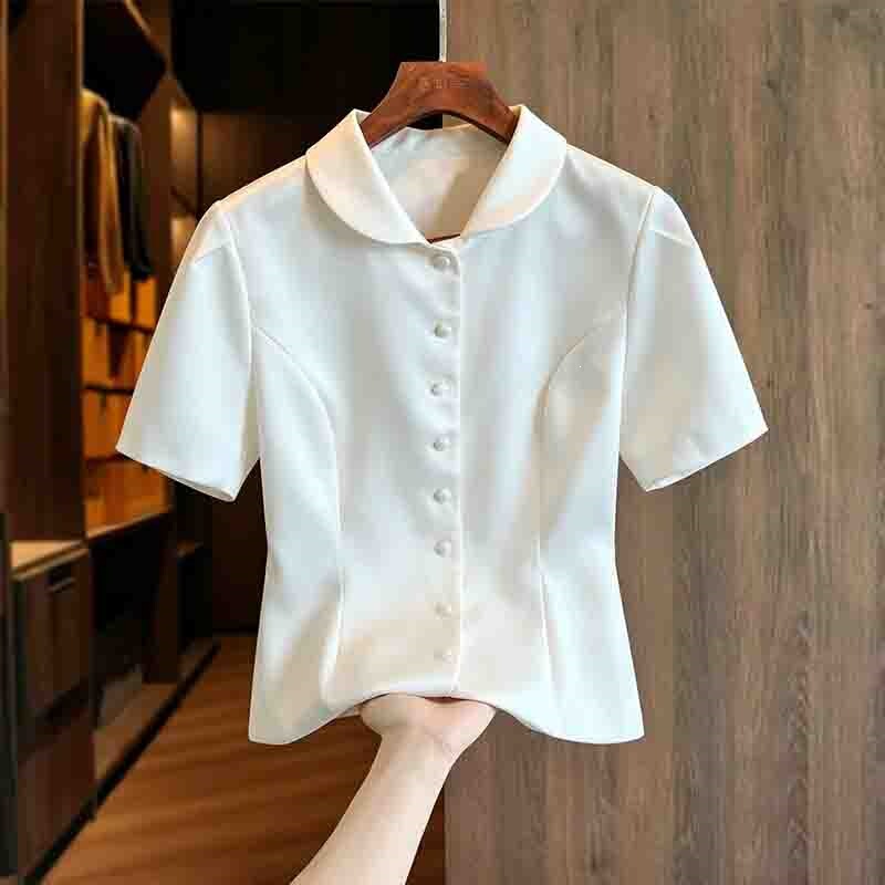 Old Money Style Pearlescent Satin Doll Collar Short-Sleeve Women's Top, 2026 Summer New French High-End Elegant Waist-Cinching Blouse