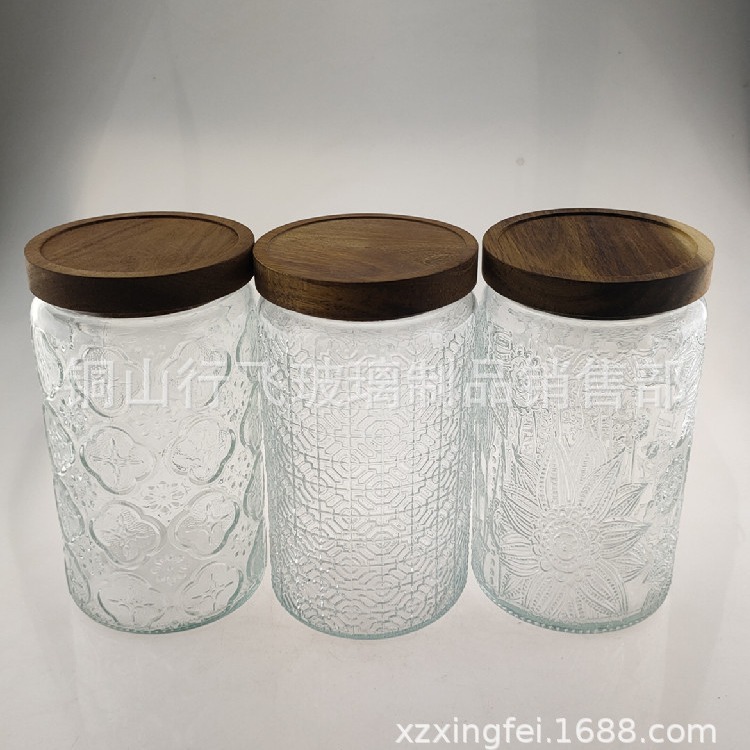 1000ml vintage Begonia en relieve botella de vidrio multi-grano tapa de bambú tarro de té tarro de almacenamiento de vidrio transparente tarro de caramelo